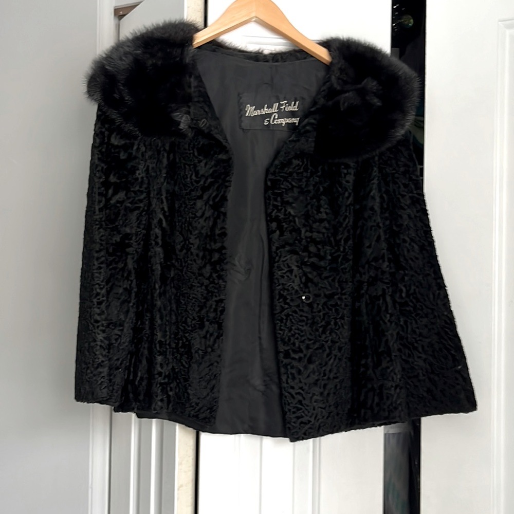 Vintage Marshall Fields brocade jacket with fur collar. Small